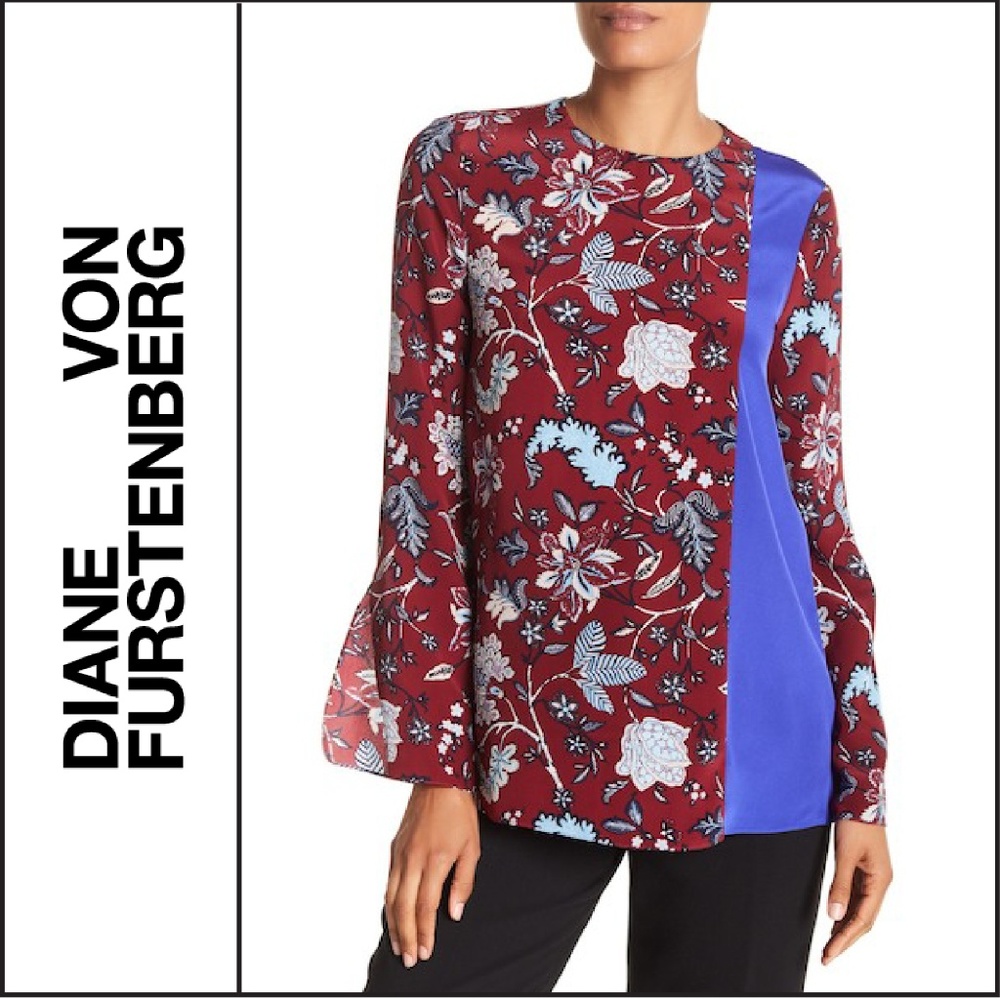 NWT { DVF } Floral Print Side-Slit Silk Blouse